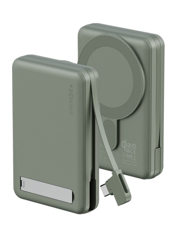 Внешний аккумулятор EnergEA MagPac PRO Plus 10000mAh ССС QI2 15W USB-C 20W с кабелем, зеленый